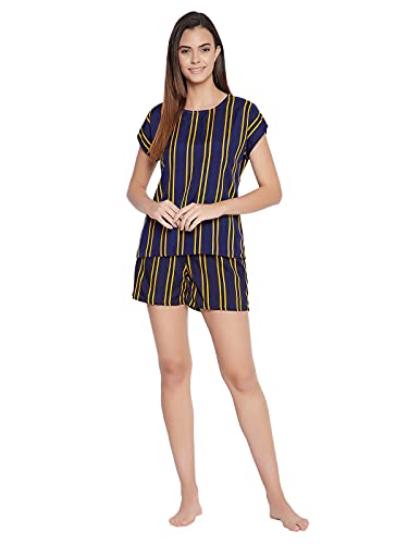 Image of Clovia Women's Crepe Sassy Stripe Top & Shorts Set - Navy Blue