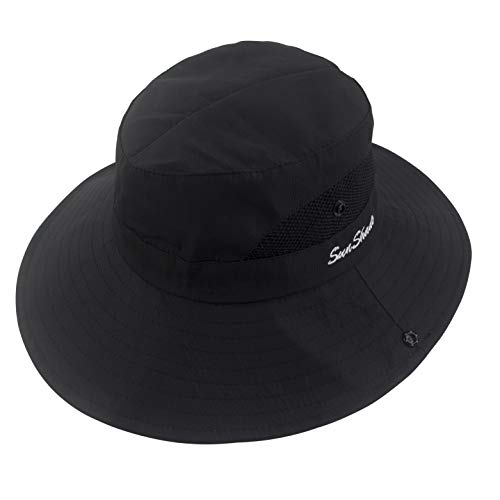 Muryobao Womens Outdoor Sun Hat Ponytail Uv Protection Wide Brim Mesh Foldable Safari Beach Fishing Bucket Cap 2 Pack Black & Grey #TOP2