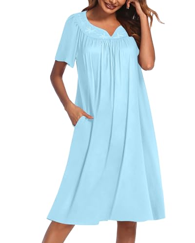 Image of Ekouaer Moo Moos for Women House Dress With Pockets Cotton Nightgowns Short Sleeve Night gowns Embroidered Mumu Dress