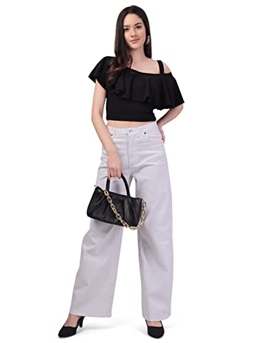 Image of Mehrang Women's Casual Solid Flared Crop Top Round Neck Stretchable Blend for Women /Top for Girls
