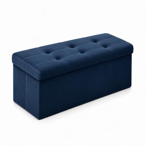 Image of ALASDO 30 Inch Folding Storage Ottoman Bench with Hidden Storage, Velvet Storage Ottoman Foot Rest Stool, End of Bed Bench for Bedroom, Living Room, Entryway and Closet, Navy Blue