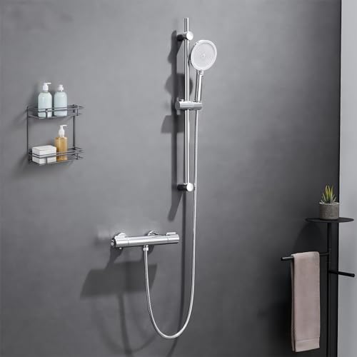 Auralum Columna de Ducha con Grifo Ducha Termostatico,Barra Ducha de Acero Inoxidable (70cm) con Alcachofa(4 Funciones),Inox Manguera(150cm),Soporte, Cromo