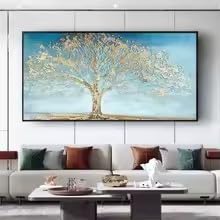 Tableau abstrait à l'huile paysage arbre doré décoration murale de salon 55x110 cm
