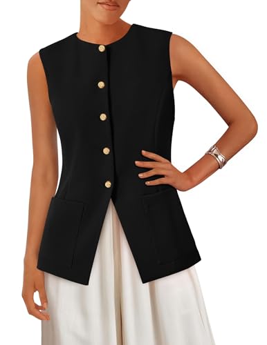 PRETTYGARDEN Summer Blazer Vest Tops for Women Sleeveless Button Down Business Casual Outfits Work Suit Vests Waistcoat