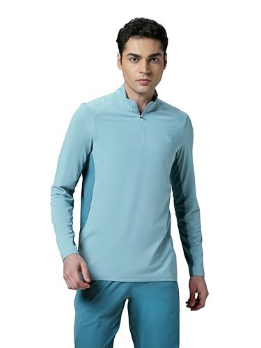 Image of TECHNOSPORT Men Polyester Slim Fit Colorblock Zipper Neck Full Sleeve Cotflex Polo T-Shirt With Quick Dry, Spf50+ For Gym, Sports And Regular Use