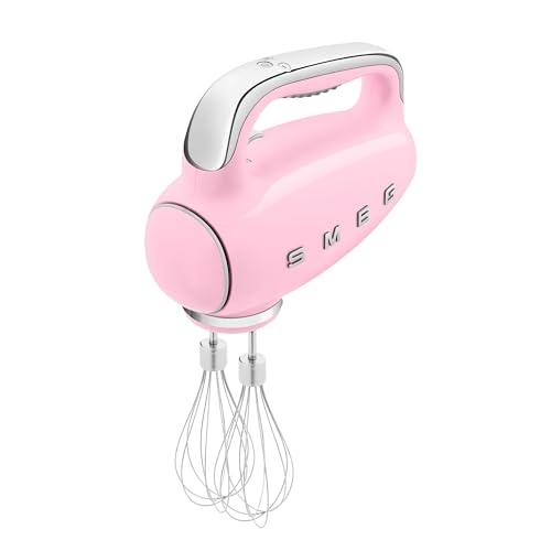 Image of SMEG Pink 50's Retro Style Electric Hand Mixer with Set of Dough Hooks, Set of Beaters, and Set of Whisks