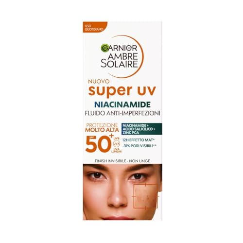 Garnier Fluido Viso Anti Imperfezioni, Uso Quotidiano, Protezione Solare Molto Alta Spf 50+, Effetto Invisibile, Con Niacinamide, Dermatologicamente Provato, Super Uv, Ambre Solaire, 40 Ml - 2