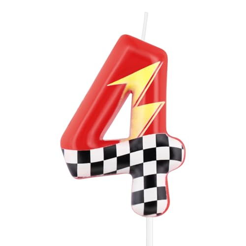 mciskin Red Racing - 4 candele di compleanno, decorazioni per 4° compleanno per ragazzo e ragazza, candela rossa numero 4 per torta, decorazioni per torte a tema auto da corsa a tema auto da corsa