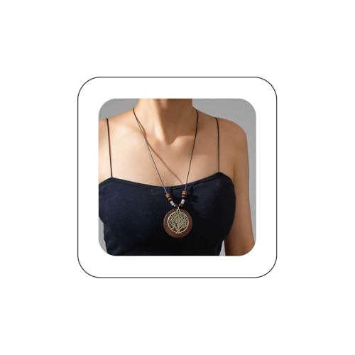 Xduargs Collier ras du cou bohème avec pendentif rond en bois vintage noir imperméable et corde cirée ethnique arbre de vie collier ras du cou réglable arbre rond longue chaîne bijoux pour femme, Zinc