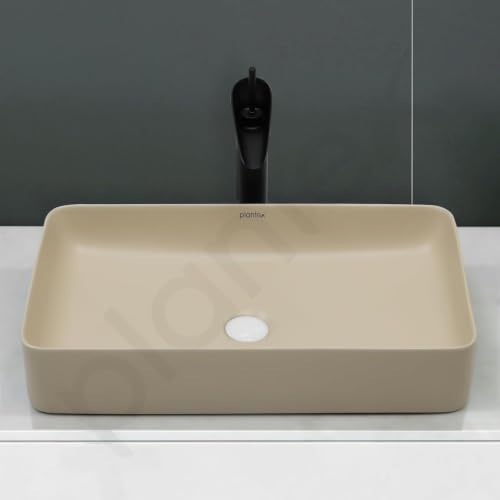 Image of Plantex Ceramic Table Top Wash Basin /Rectangle Basin for Bathroom /Over Counter Washbasin for Restaurant /Hotel (Matt Khaki, 24 x 14 x 4.5 Inch)