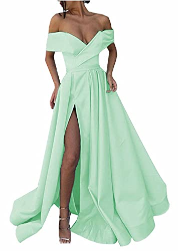 Promworld Women's High Split Off Shoulder Long Prom Dresses Satin A-line Evening Gowns Mint Green US8
