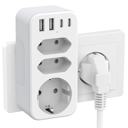 JSVER Regleta Enchufe con USB C, Ladron Enchufes Múltiple con 2 USB C y 2 USB A, Triple Cargador Multiple Pared, Cargador de Móvil para Móvil, Tableta-Blanco