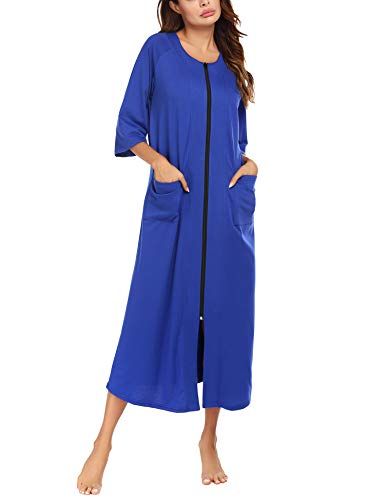 Ekouaer Duster Robe Womens Short Sleeve Bathrobes Zipper Front Housecoat Full Length Sleepwear Plus Size Nightgown(Blue Sapphire,M) #TOP1