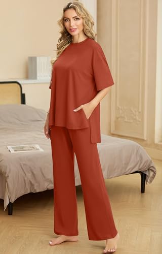 Image of PrinStory Womens Pajamas Sets 2 Piece Lounge Set Short Sleeve Tops and Long Pants Soft Pjs Loungewear with Pockets