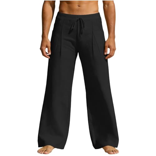 Pantalones de lino de algodón y lino para hombre, ajuste recto, cintura elástica, pierna ancha, con cordón, bolsillos, color sólido, de secado rápido, holgados, deportivos, pantalones deportivos