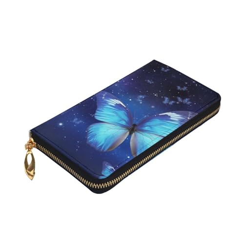 Blue Starry Butterfly Wallet for Men Women Long Purse Leather Clutch Large Business Handbag Travel Phone Holder Credit Card Holder Money Case with Zipper Leather Wallets Gift3