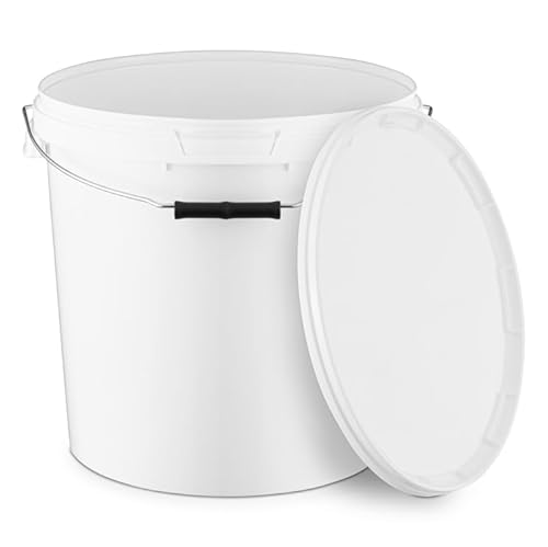 Hink med lock | Vit 20 l | Plasthink lock med metallhandtag livsmedelssäker högkvalitativ foderhink tråg (10 x 20 liter)