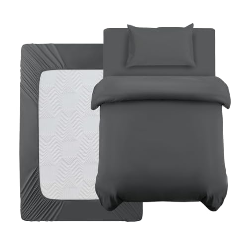 Oxford Homeware Single Duvet Cover Set Charcoal Brushed Microfiber 3 Piece Single Bedding Set with Fitted Sheet and Pillowcase Soft Breathable Duvet Cover Sets