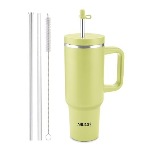 Image of Milton My Tumbler 1200 Thermosteel Double Wall Vacuum Insulated Stainless Steel Tumbler with Handle 1100ml,Leak Proof Travel Mug, Straw,Silicon Cap Cleaning Brush, Hot & Cold Beverage Flask,Moss Green