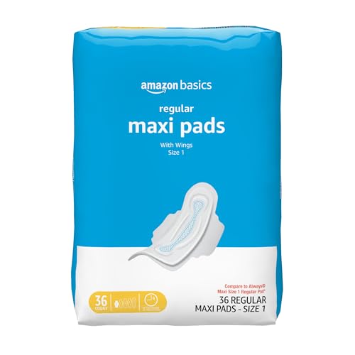Image of Amazon Basics Thick Maxi Pads with Wings for Periods, Regular Absorbency, Feminine Pads, Unscented, Size 1, 36 Count