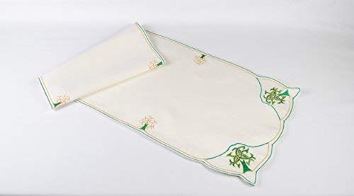 Table Runner in a Green Celtic Tree of Life Design. Beautifully embroidered table linen designed by Beverley Gallagher