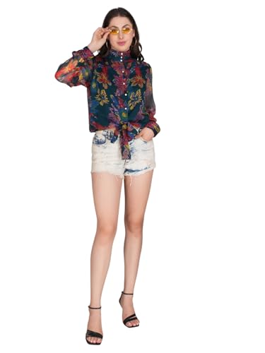 Chemisier floral motifs multicolores boutons et nœud col montant chic