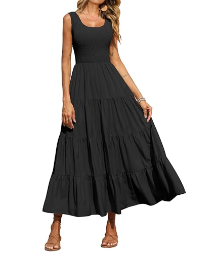 PRETTYGARDEN Women's 2025 Casual Loose Plain Maxi Sundress Smocked Tank Dress Sleeveless Summer Beach Tiered Long Dresses