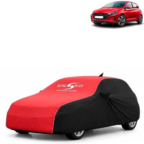 Image of KINGSWAY Super Waterproof Car Cover Only with Hyundai i20 (Year 2020 Onwards - All Model) | Mirror and Antenna Pockets | All Weather Car Body Cover with Silver Piping | Black Red