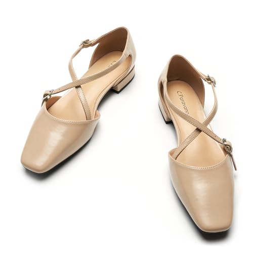 C.Paravano Women's Flats Square Toe Cross-Strap Sandals Stylish Comfortable Dress Shoes for Casual Wear, Work, Travel & Social Events 5.5 Beige