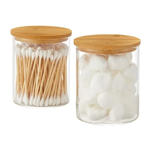 INIUNIK Glass Qtip Holder Dispenser with Bamboo Lid Cover