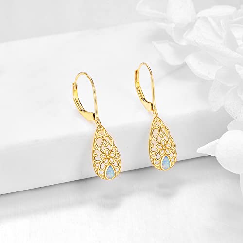 Teardrop Dangle Earring Gifts 14K Solid Gold Filigree Teardrop Earrings For Women Daisy Flower Leverback Heart Dangle Drop Earrings Jewelry Birthday Gifts For Her #TOP2