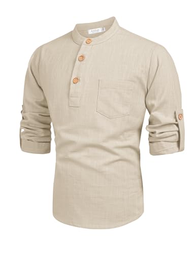 Image of Arshiner Boys Cotton Linen Henley Shirt Button Down Shirt Long Sleeve T Shirt Beach Shirt Tee Casual Solid Tops
