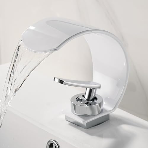 Grifo lavabo cascada sin salpicaduras monomando curvo de acero inoxidable blanco para aseo 4