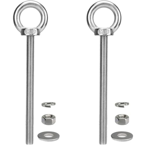 Image of M12 x 150mm Stainless Steel Eye Bolt with Nuts 2 Pack, 15 /32 inch x 6 inch Long Shoulder Lifting Ring Eye Bolt for Boat & Hanging, Heavy Duty Marine Grade Threaded Eyebolts for Tie Down Outdoor