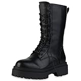 VAN HILL Damen Plateaustiefel Stiefel Blockabsatz Schuhe Freizeit Schnürer Profilschuhe Schnürschuhe Boots Plateauschuhe 201756 Schwarz 37