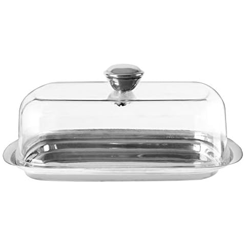 recus Butter Dish with Plastic Lid, Covered Butter Container, Stainless Steel Base, with Ergonomic Handle, Modern, Serving Dish, Ideal for Home, Dishwasher Safe, Transparent Cover