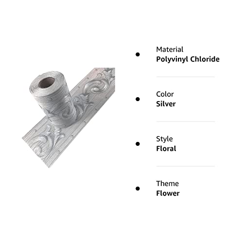 Simplemiuji Silver Flower 3D Wallpaper Border Peel & Stick Pvc Wall Covering Kitchen Bathroom Bedroom Tiles Decor Sticker,4 Inch By 16.5 Feet #TOP6