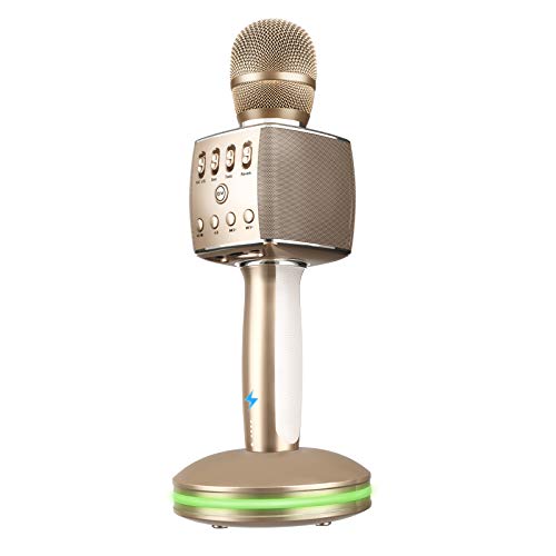 Wireless Microphone, Bluetooth 5.0 Karaoke Rechargeable Dynamic Mic System Set with Dual Powerful Speakers, Charging Base (Gold) Wireless Microphone, Bluetooth 5.0 Karaoke Rechargeable Dynamic Mic System Set with Dual Powerful Speakers, Charging Base (Gold)