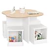 Toddler Table and Chair Set with 4 Storage Stools Flower Shaped Nesting Design Table with Built in Pen Holder Kids Table for ActivityPlayArtReadCraft Natural White