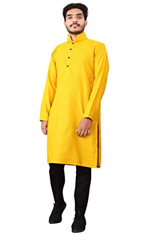 Image of Nirmla Fashion Handloom Cotton Men's Full Sleeve Long Kurta (Men's M101, M, Yellow)