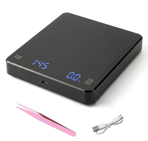 Báscula de Café Digital Negra con Temporizador 0,1 g Balanza Cocina Inteligente Recargable USB C para Espresso y pour Over Tara LCD Oculto Calibración Pinza