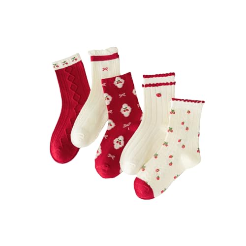 Girls Socks Mid-Calf Pattern Ribbed Cuffs Crew Socks Cute Casual Novelty Socks for Girls 5 Pairs