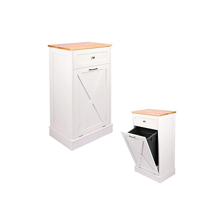 TOLEAD Tilt Out Trash Cabinet Free Standing 10 Gallon Recycling Trash Can Cabinet with Barn Door for Farmhouse Kitchen,Living Room, Dining Room, White