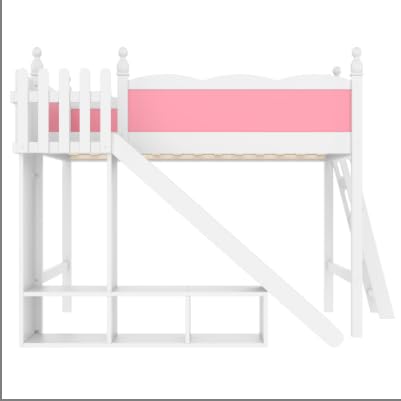 Image of Full Size Loft Bed with Storage Shelves, Cabinet & Detachable Slide and Ladders, Solid Wood Kids Loft Bed for Space-Saving, Playful & Organized Bedroom (Light White+Pink2, Full)