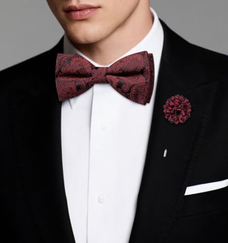 Image of Dubulle Mens Paisley Striped Bowtie Set Pre-tied Bowtie for Men and Pocket Square Set Wedding Business