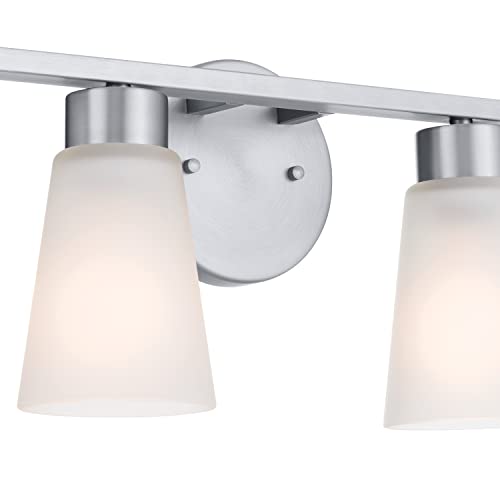 Image of Kichler Stamos 4-Light Bathroom Vanity Light Fixture with Satin Etched Glass Shades, 26 in Modern Wall Light in Brushed Nickel for Bathroom Mirror (26 in x 8 in x 5 in), 55122NI