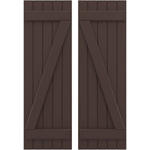 17 1/2"W x 61"H Americraft Five Board (2 Batten) Exterior Real Wood Joined Board-n-Batten Shutters w/Z-Bar (Per Pair), Raisin Brown