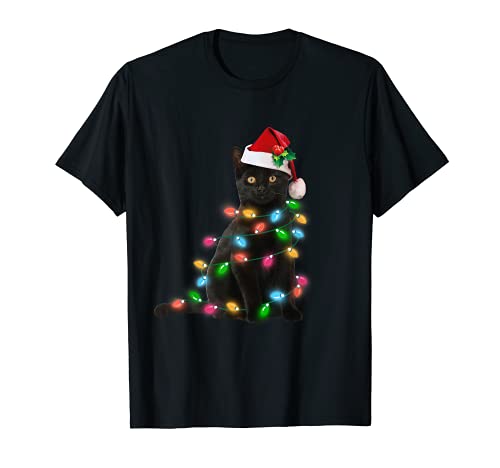 Black Cat christmas light tshirt funny cat lover christmas
