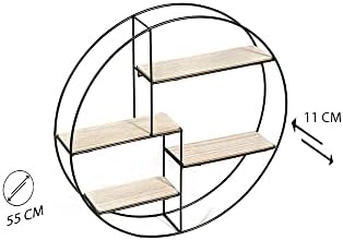 LIFA LIVING Round Wall Shelf 4 Tier, Floating Shelf in MDF Wood and Black Metal, Decorative Hanging Shelf for Kitchen, Bedroom, Living Room, 55 x 11 x 55 cm