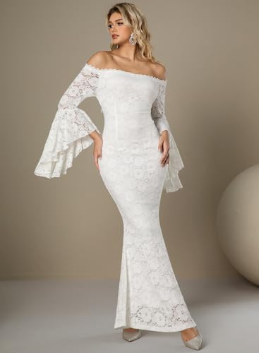 Image of HOYISHION Women's Off The Shoulder Floral Lace Maxi Dress White Bridesmaid Wedding Party Maternity Photoshoot Long Dresses